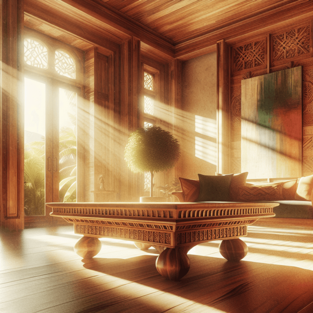 A beautiful, handcrafted mango wood table basking in the sunlight.