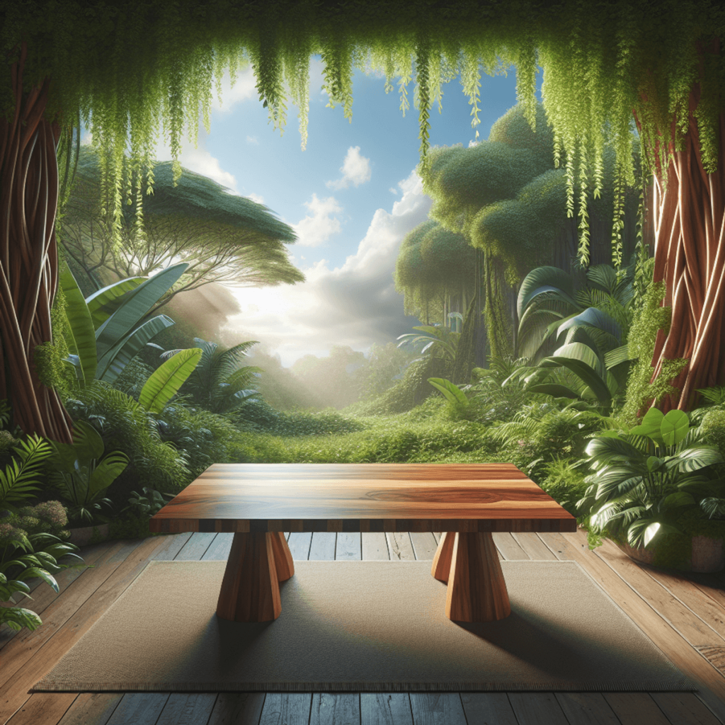 A rustic mango wood dining table surrounded by lush green vegetation under natural light.