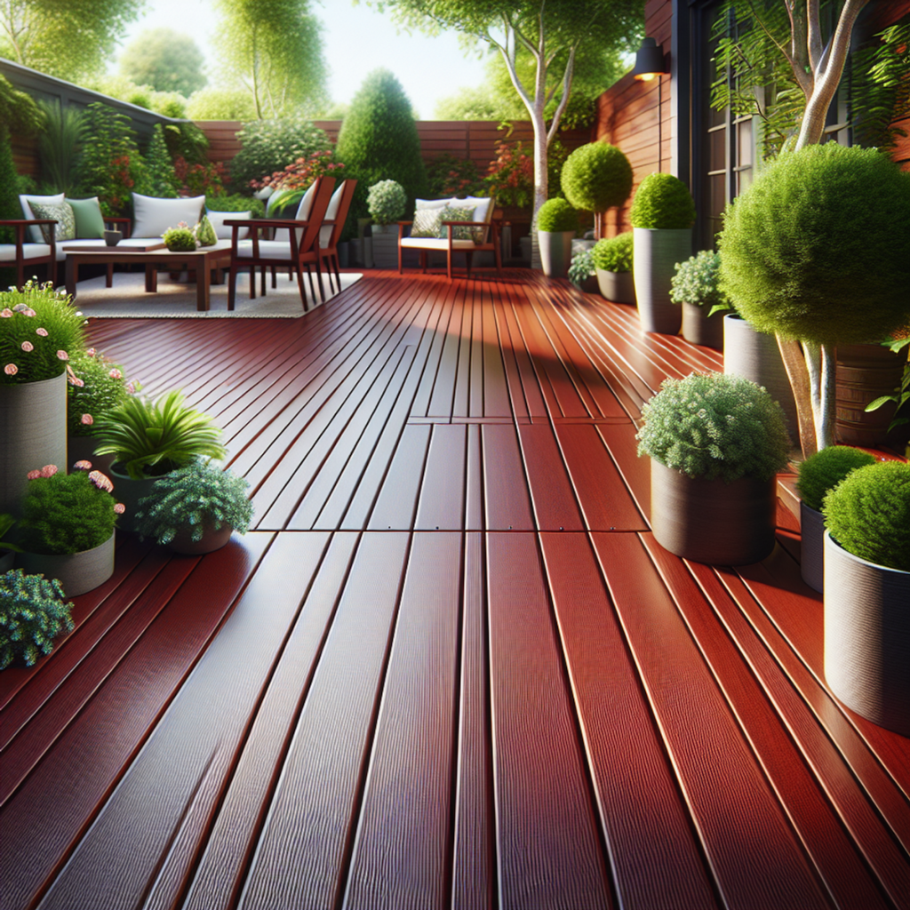 Vibrant red balau deck with potted plants.