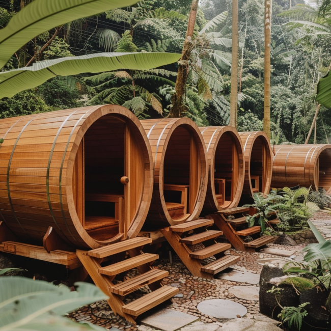 Wooden Wine Barrel Outdoor Sauna (Yellow Balau Wood)