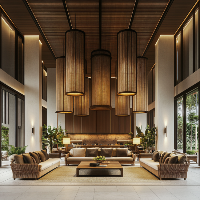 A luxurious hotel lobby with furnitures made from rattan and teak wood.