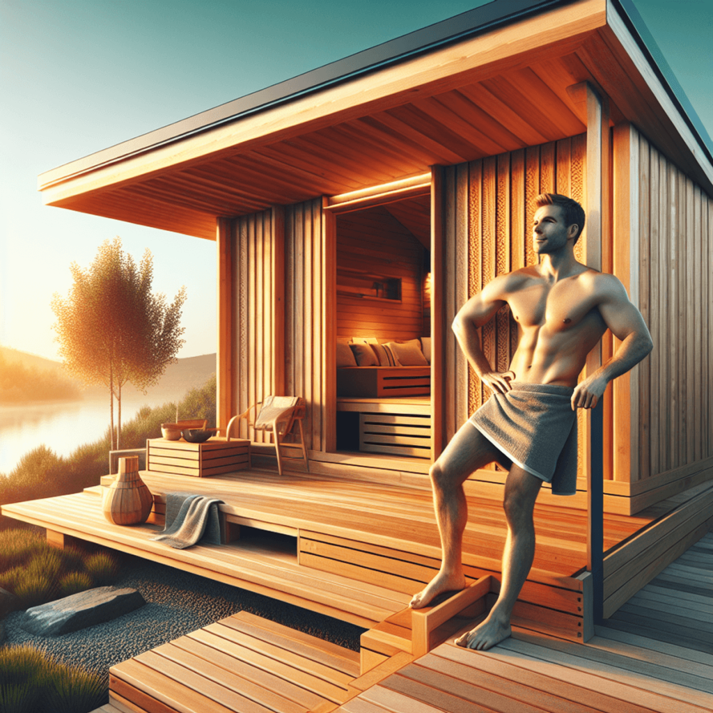 A modern sauna made of Cross Laminated Timber (CLT) with a luxurious teak wood exterior stands amidst a serene outdoor setting. A Caucasian man relaxe