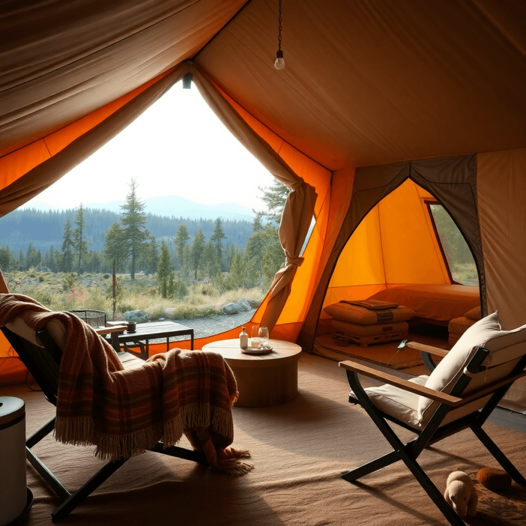 A luxurious glamping tent surrounded by nature, with cozy outdoor furniture and a warm blanket, set against a scenic backdrop of trees and mountains.