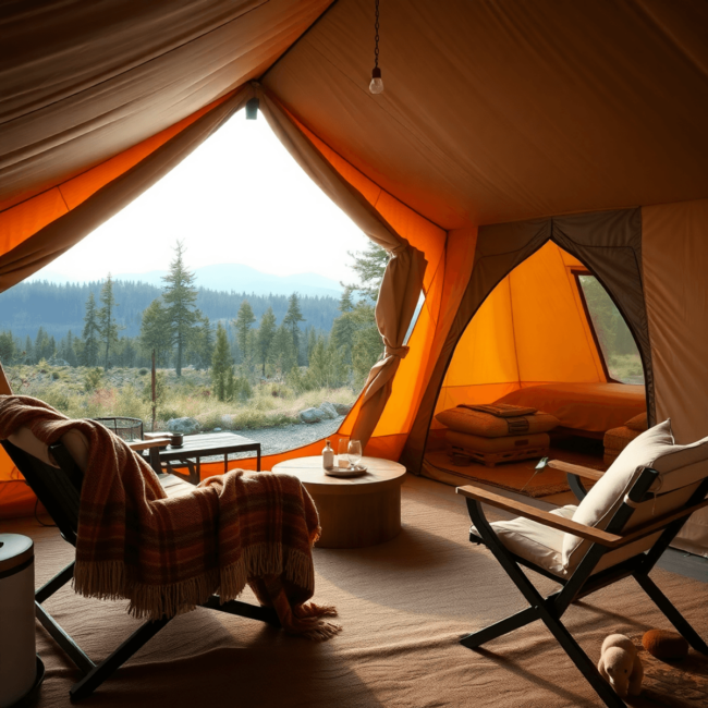 A luxurious glamping tent surrounded by nature, with cozy outdoor furniture and a warm blanket, set against a scenic backdrop of trees and mountains.