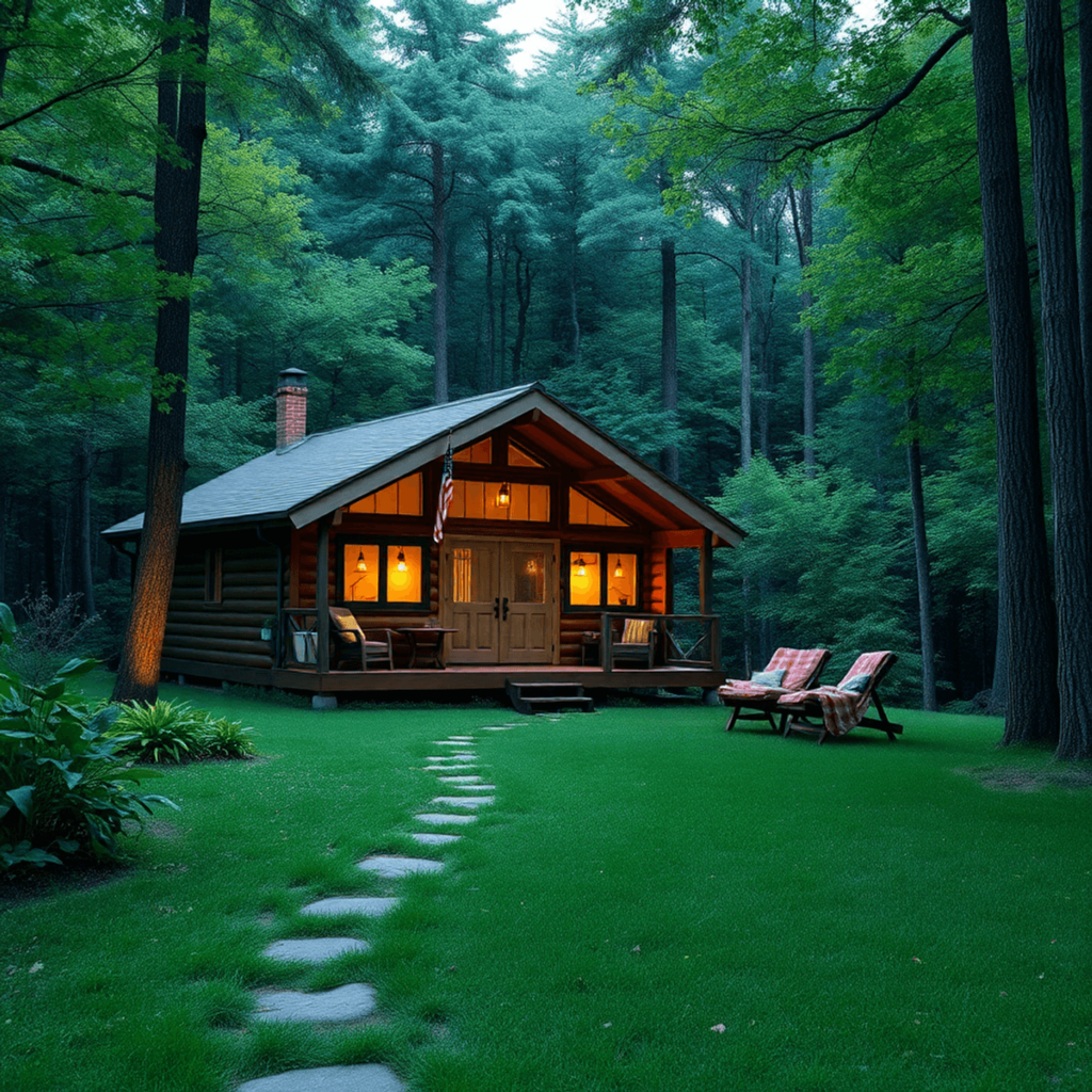 A luxurious wooden cabin in a lush green forest, with hiking trails and cozy outdoor seating, embodying comfort and adventure in nature.