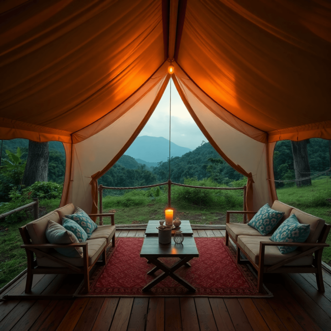 Tenda glamping mewah dikelilingi pepohonan hijau dan pegunungan, dengan dekorasi elegan, lampu hias, kursi santai, dan meja kecil berisi minuman se...