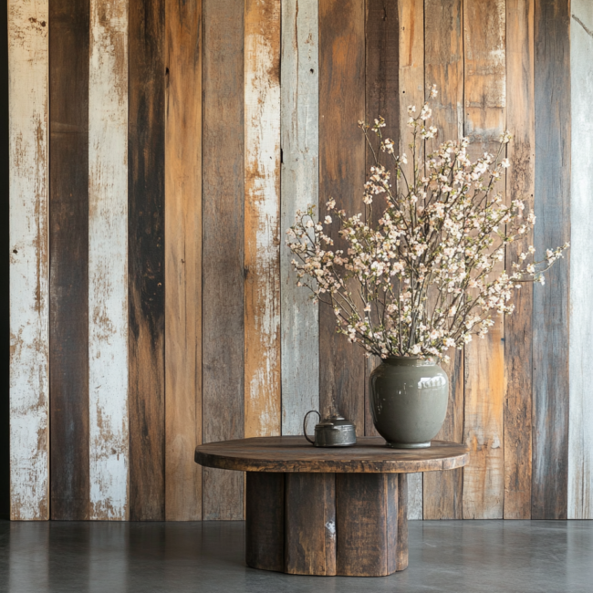 reclaimed teak wall panels and rustic reclaimed coffee table